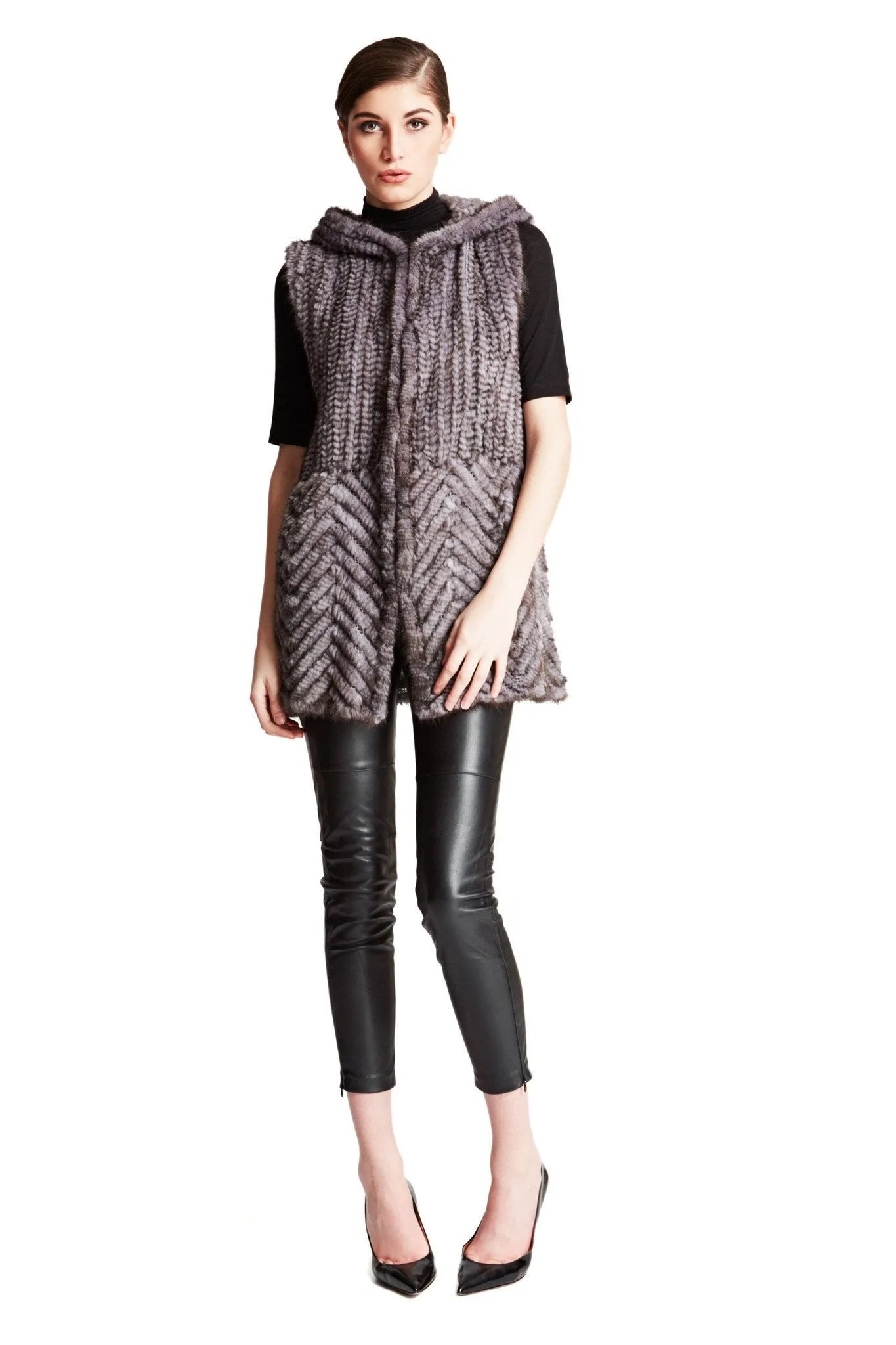 THE LOOE - Knitted Mink Fur Vest with Chevron Panel and Hood