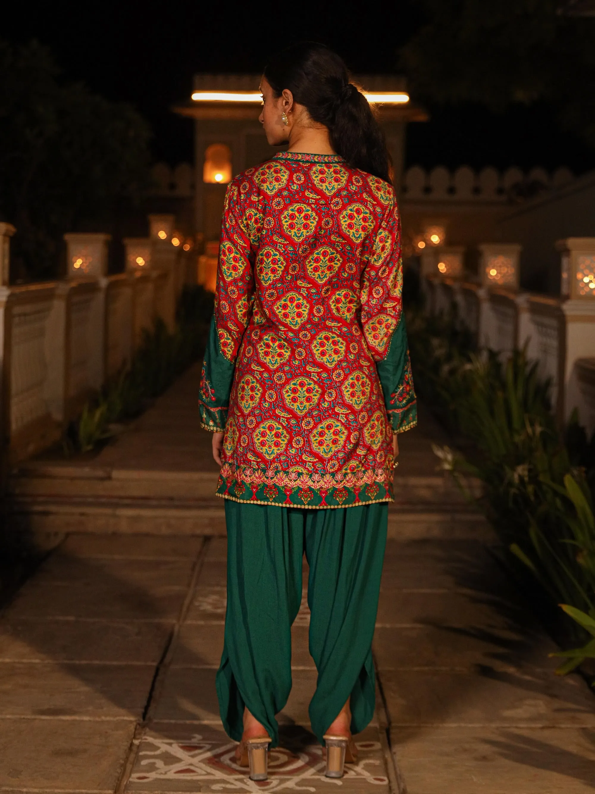 The Mastani Multi Color Ethnic Motif Printed Viscose Lacy Tunic & Pant Set With Sequins & Mirror Work