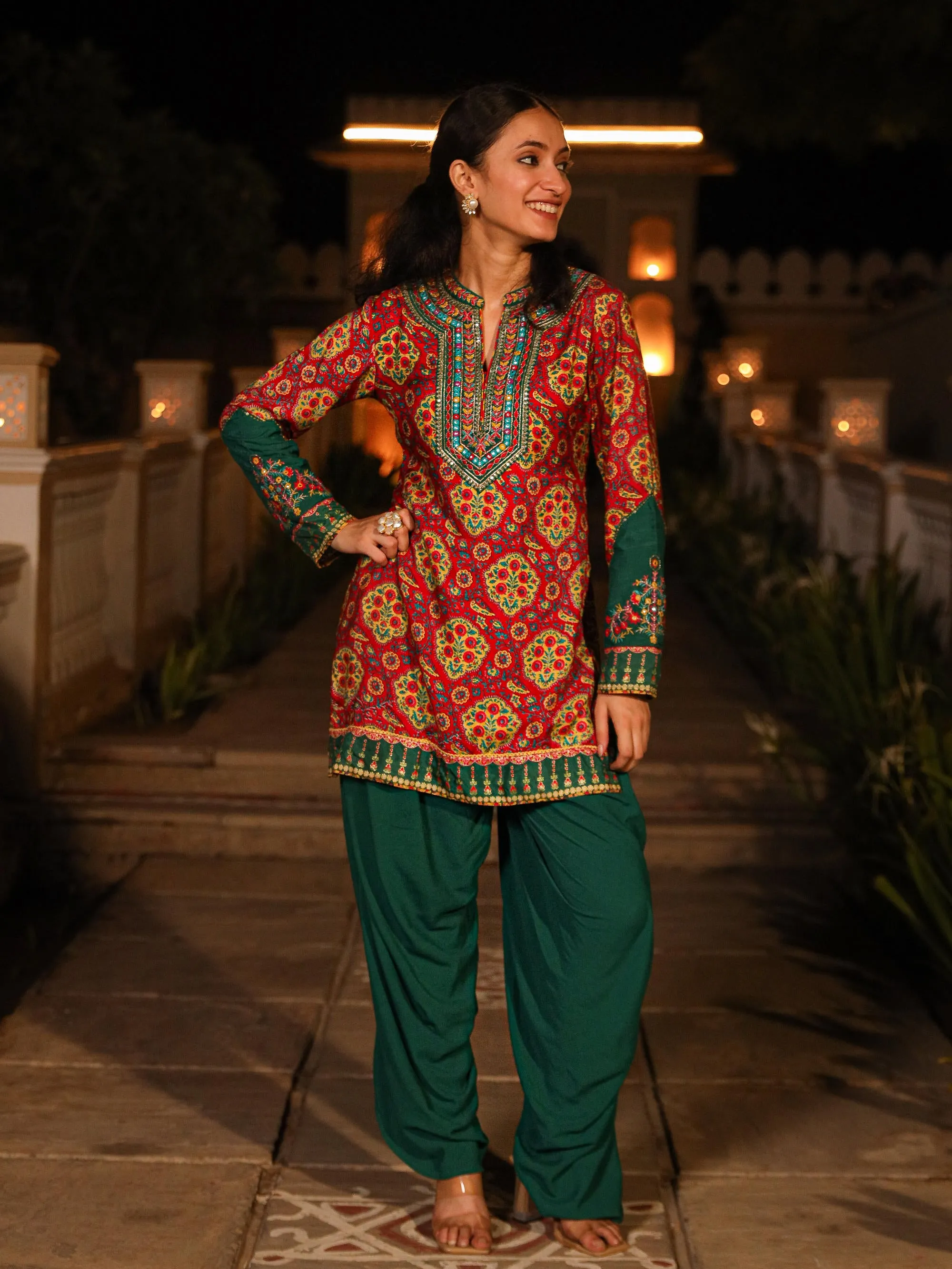 The Mastani Multi Color Ethnic Motif Printed Viscose Lacy Tunic & Pant Set With Sequins & Mirror Work