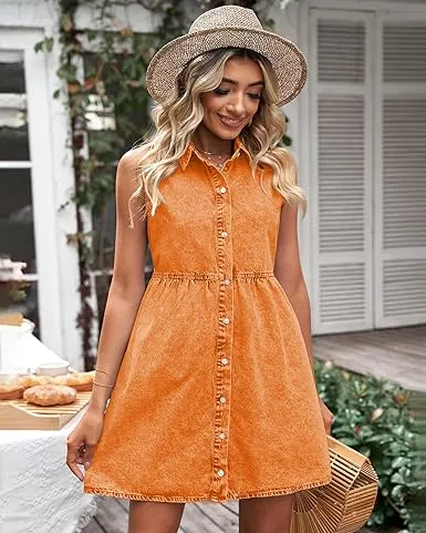 Vibrant Orange Denim Dress for Women Sleeveless Babydoll Button Down Short Jean Dresses Cute Summer