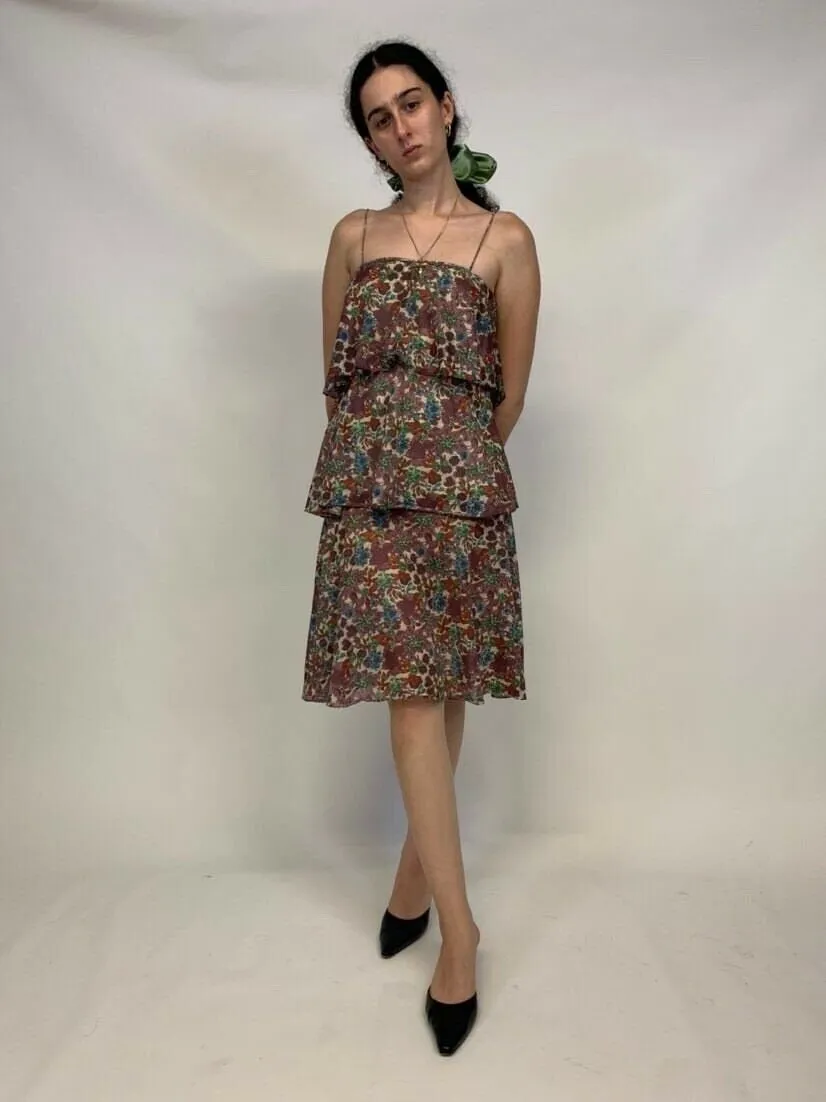 Vintage 70s Floral Hippie Boho Ruffle Babydoll Prairie Mini Slip Dress Gown