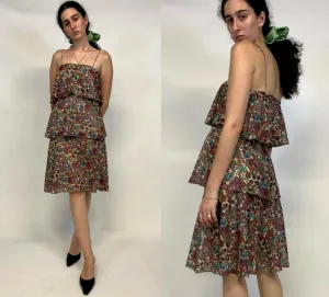 Vintage 70s Floral Hippie Boho Ruffle Babydoll Prairie Mini Slip Dress Gown