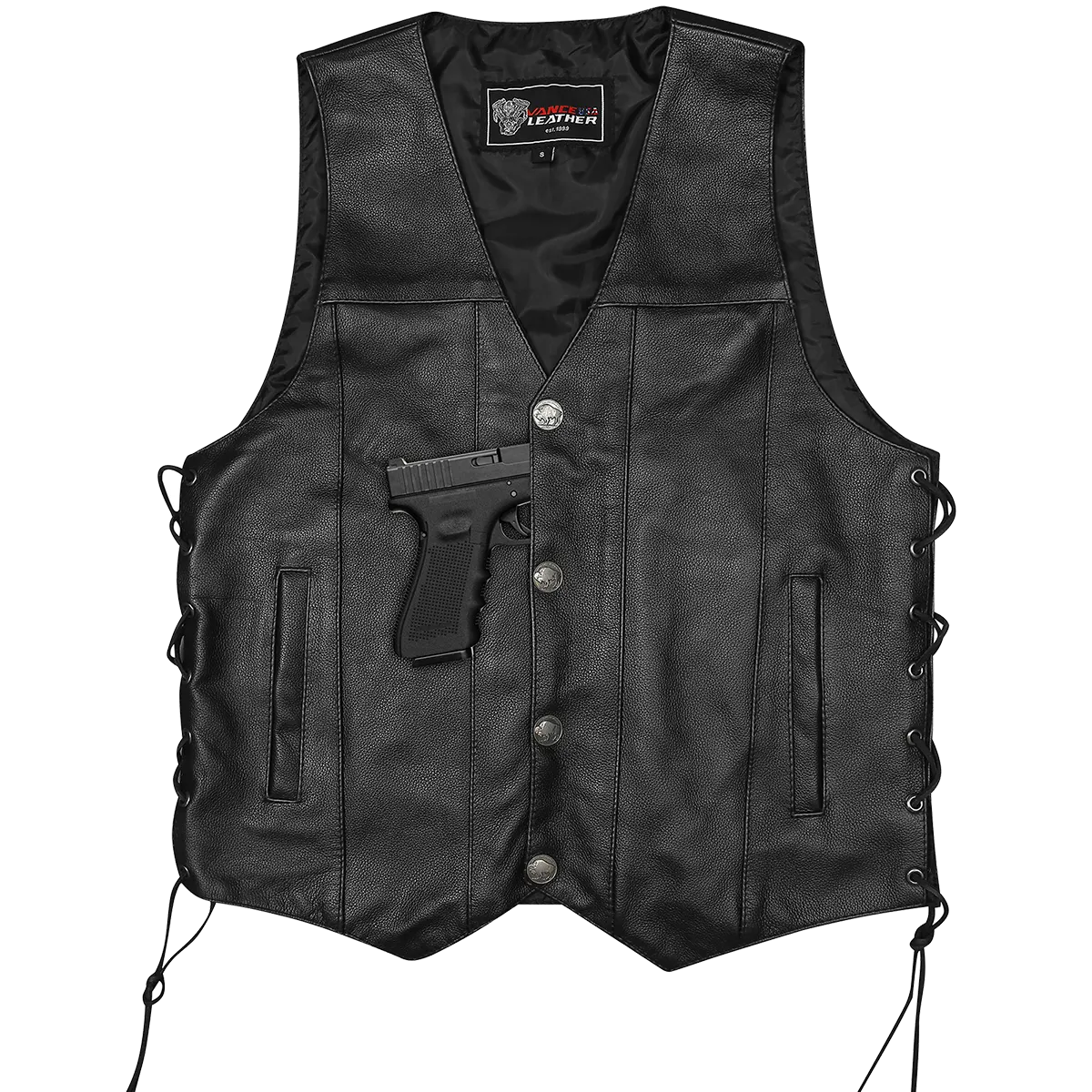 VL907 Vance Leather Premium Cowhide Vest with Buffalo Nickel Snaps and Gun Pocket