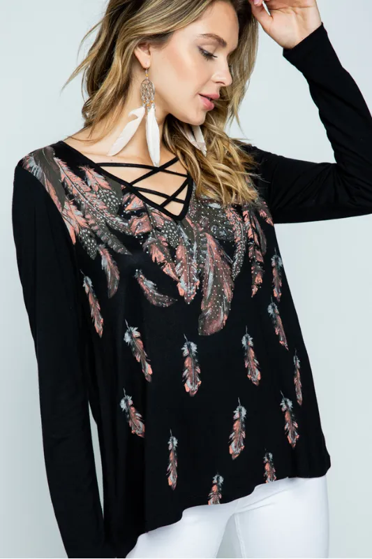 Vocal Criss Cross Feathers Tunic Top - Black