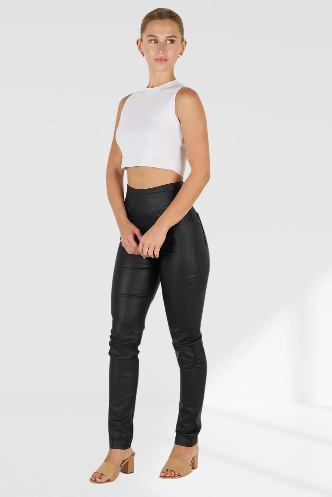 Wakee Faux Leather Wet Look Pants - Pull Up Fit