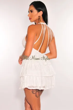 White Lace V Neck Ruffled Strappy Back Babydoll Dress