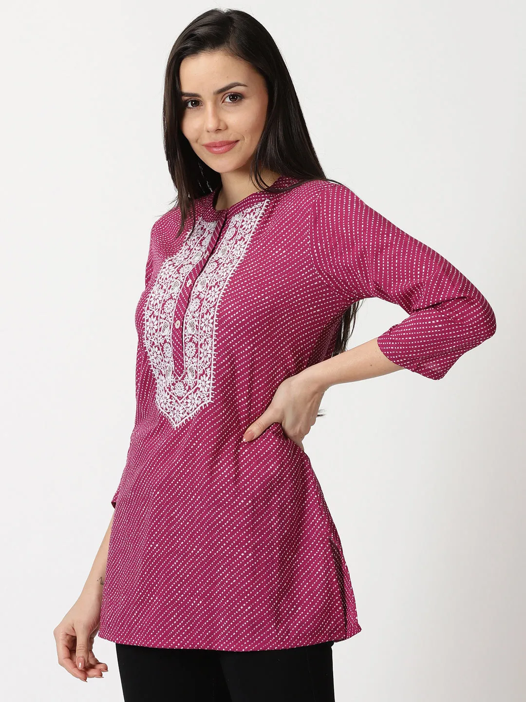 Wine Leheriya Print Tunic with Lucknowi Chikankari Embroidery