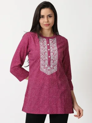 Wine Leheriya Print Tunic with Lucknowi Chikankari Embroidery