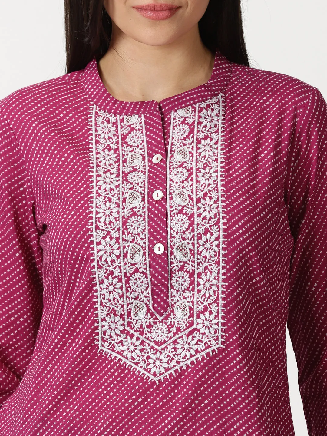 Wine Leheriya Print Tunic with Lucknowi Chikankari Embroidery