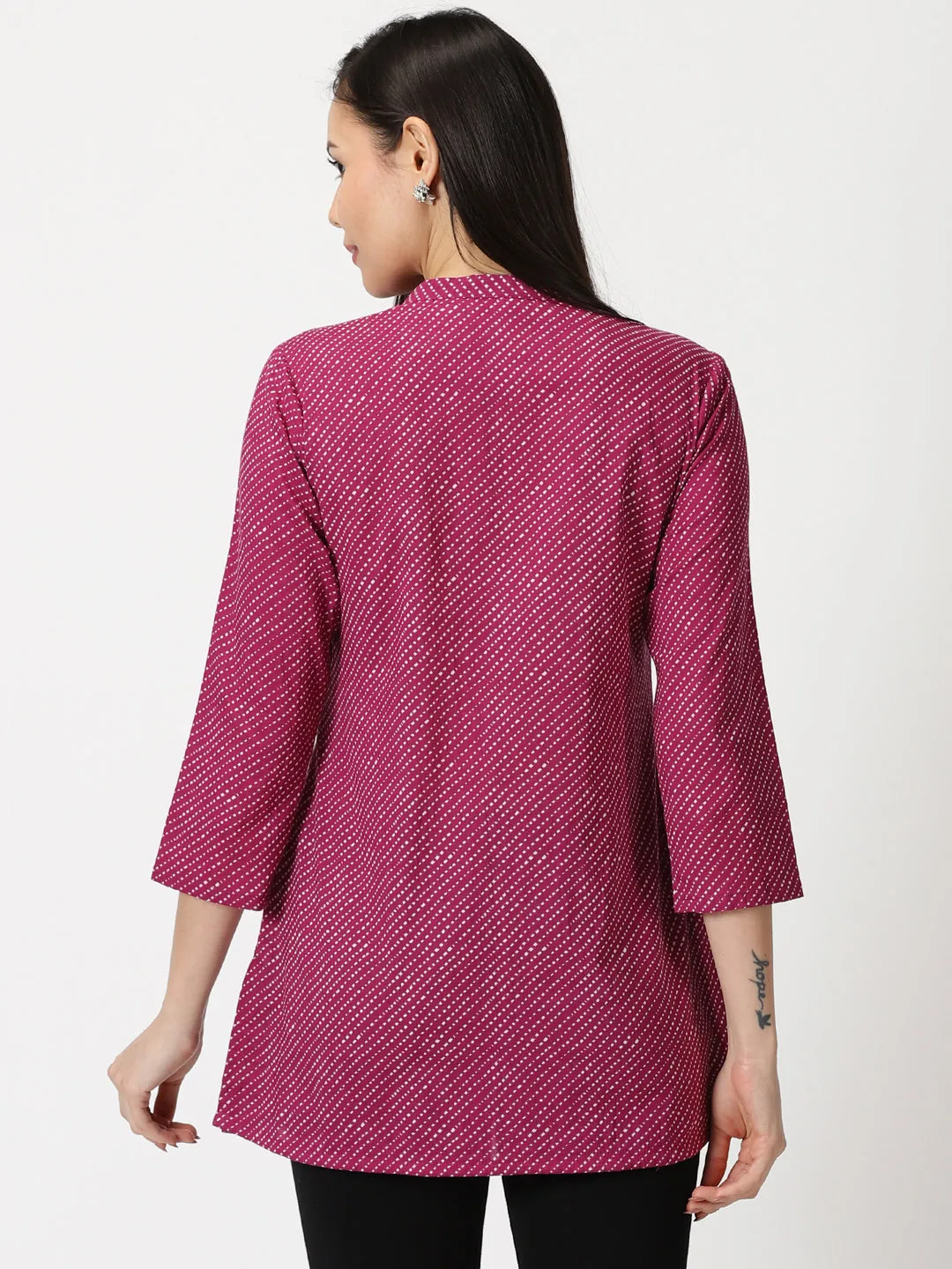 Wine Leheriya Print Tunic with Lucknowi Chikankari Embroidery