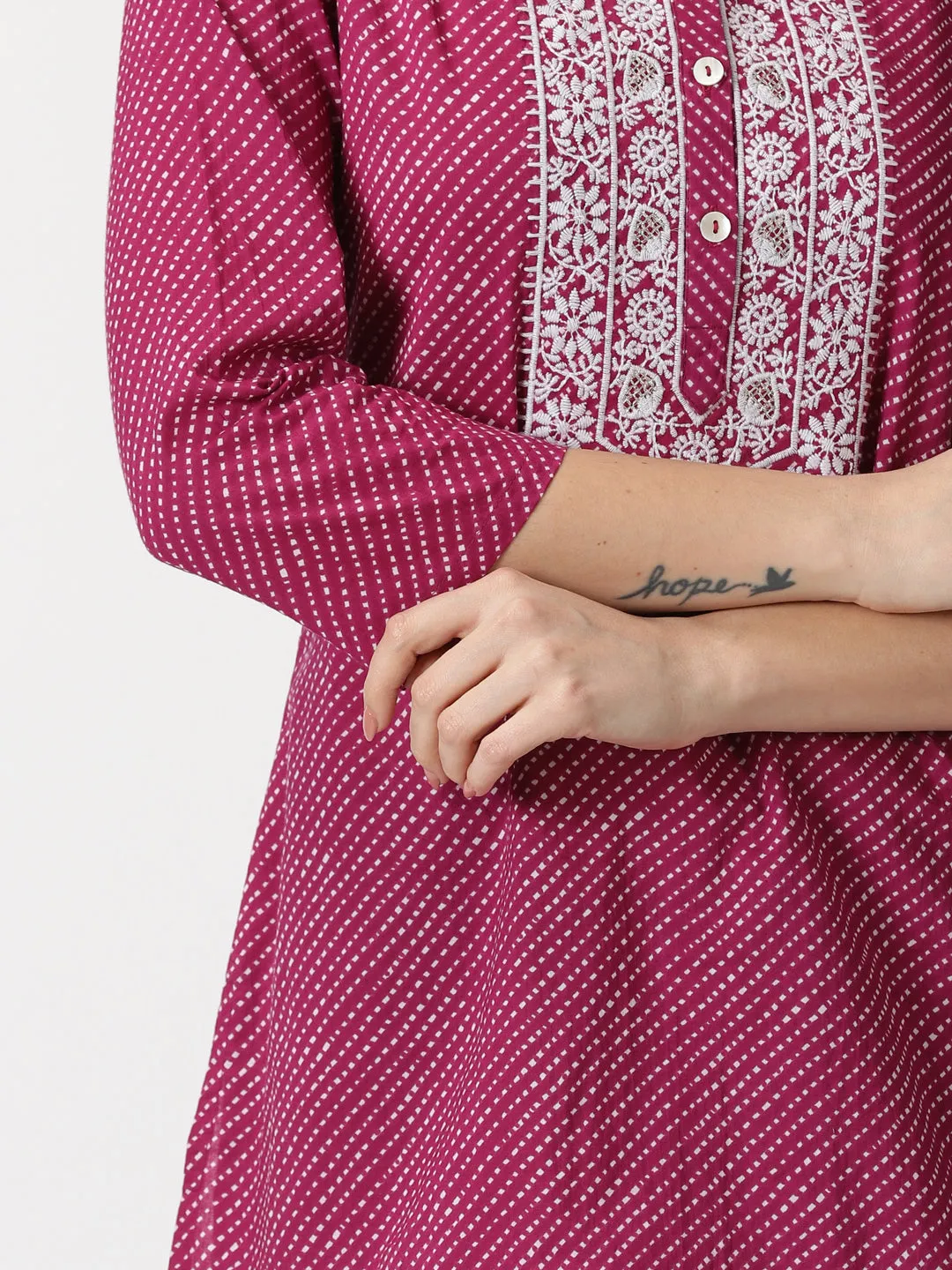 Wine Leheriya Print Tunic with Lucknowi Chikankari Embroidery