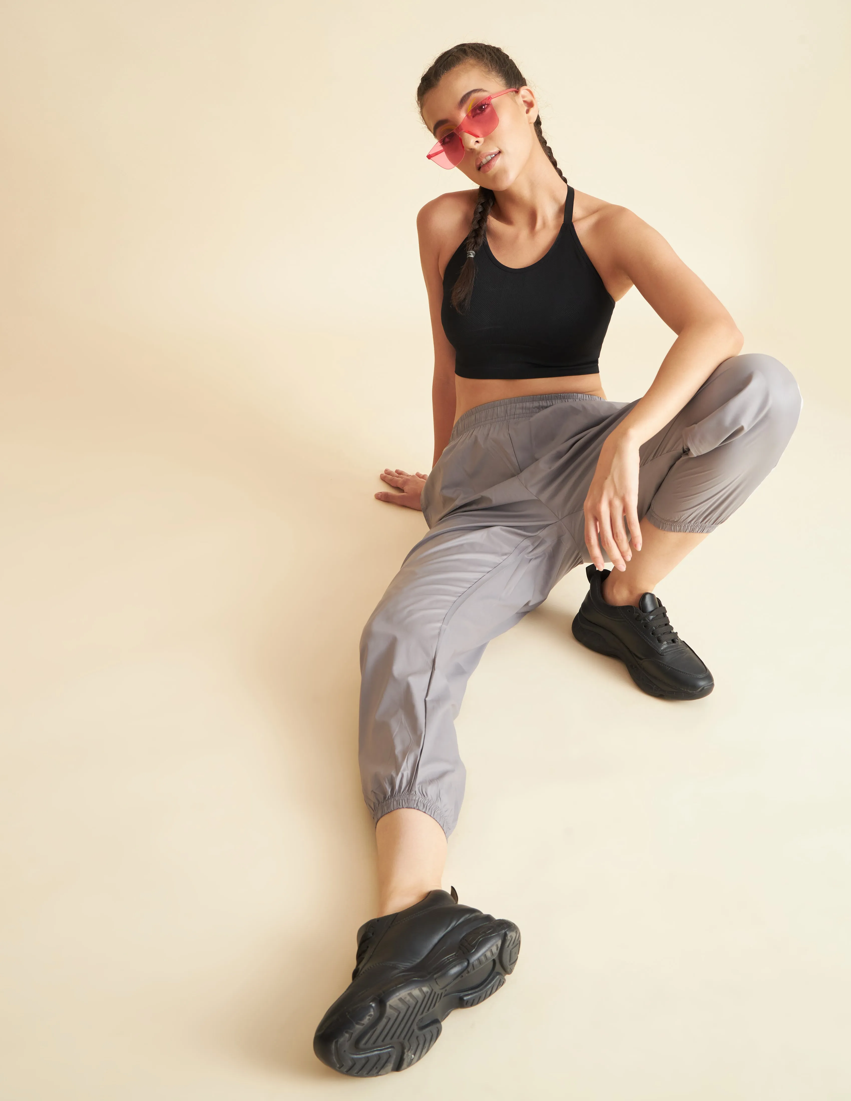 Women Grey NS Loose Fit Solid Training Woven Joggers