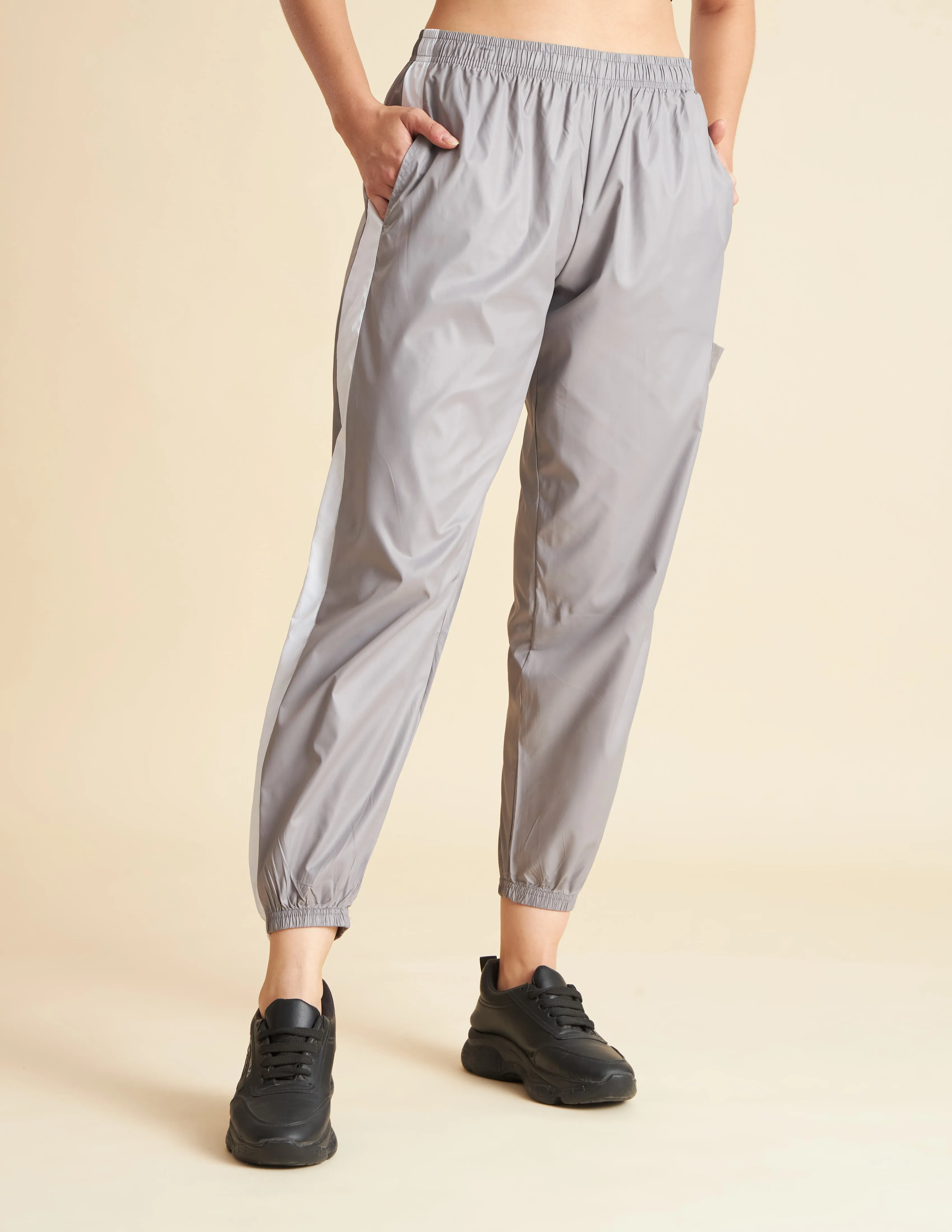 Women Grey NS Loose Fit Solid Training Woven Joggers