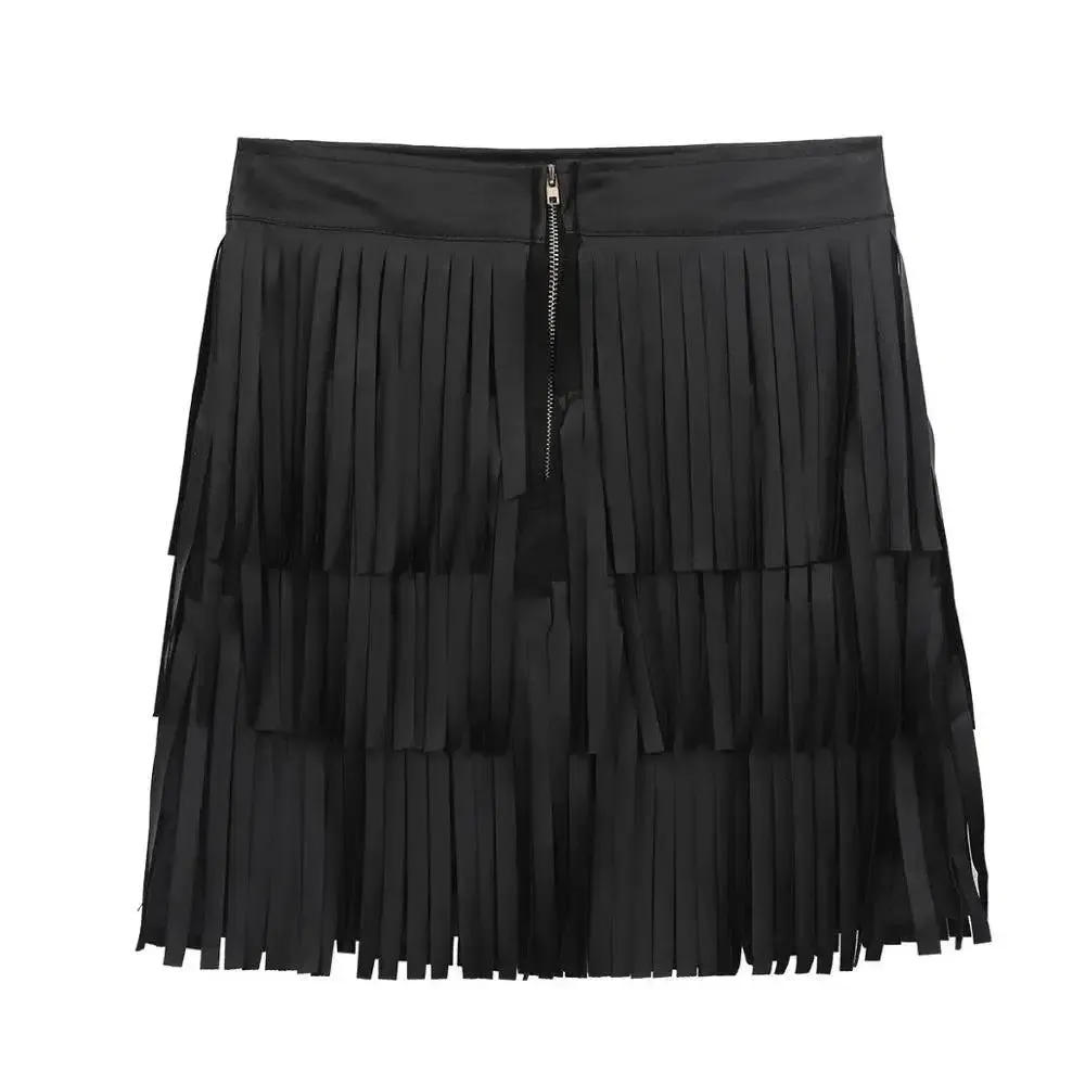 Women Leather Skirt -  Layered Fringe Tassel Skirt