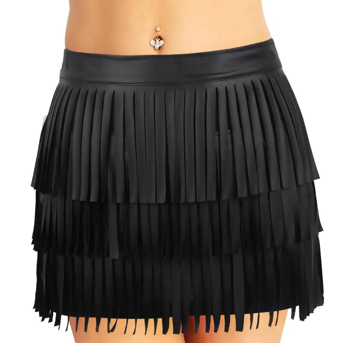 Women Leather Skirt -  Layered Fringe Tassel Skirt