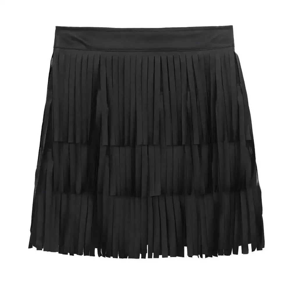 Women Leather Skirt -  Layered Fringe Tassel Skirt