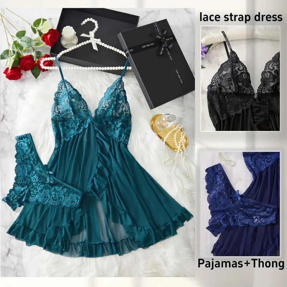 Women Nightdress Sexy Lace Chemise Bow Nightgown Sleepwear Mini Dress V Neck Full Slip Babydoll Lingerie Sleepwear & Dresses