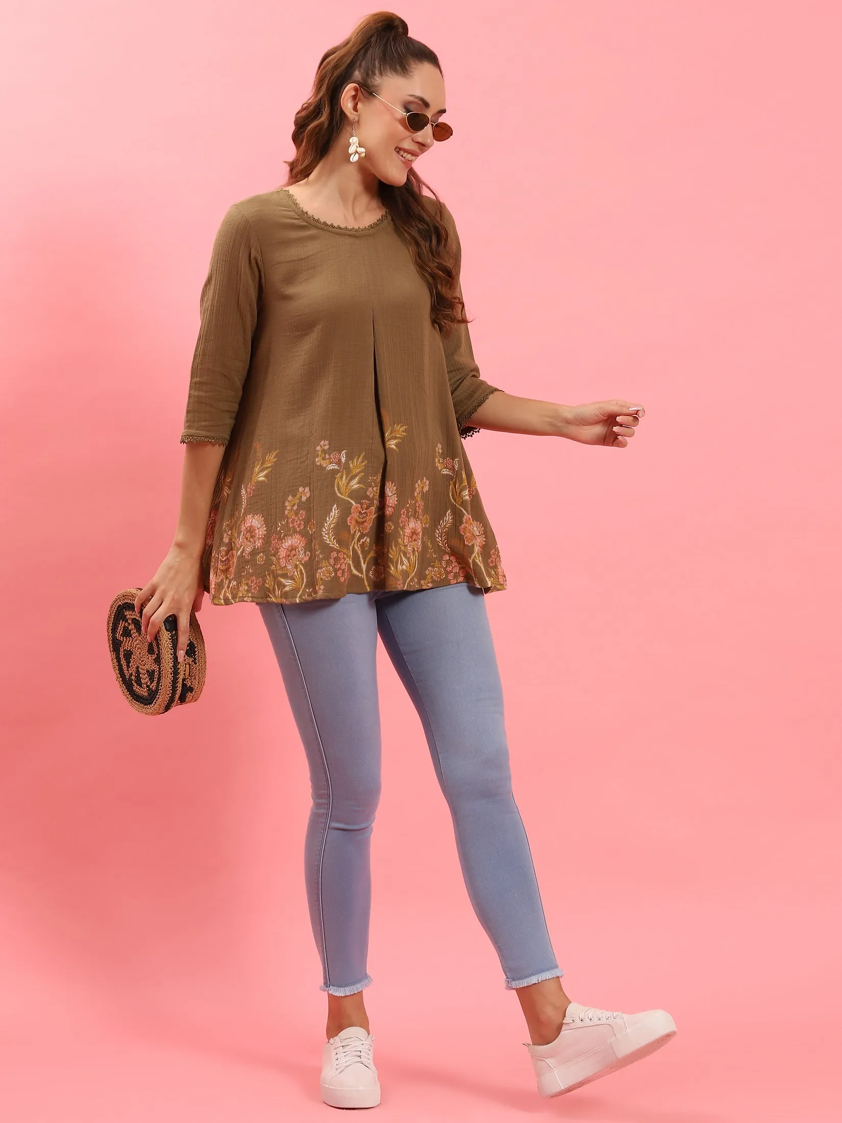 Women Olive Floral Printed Tunic