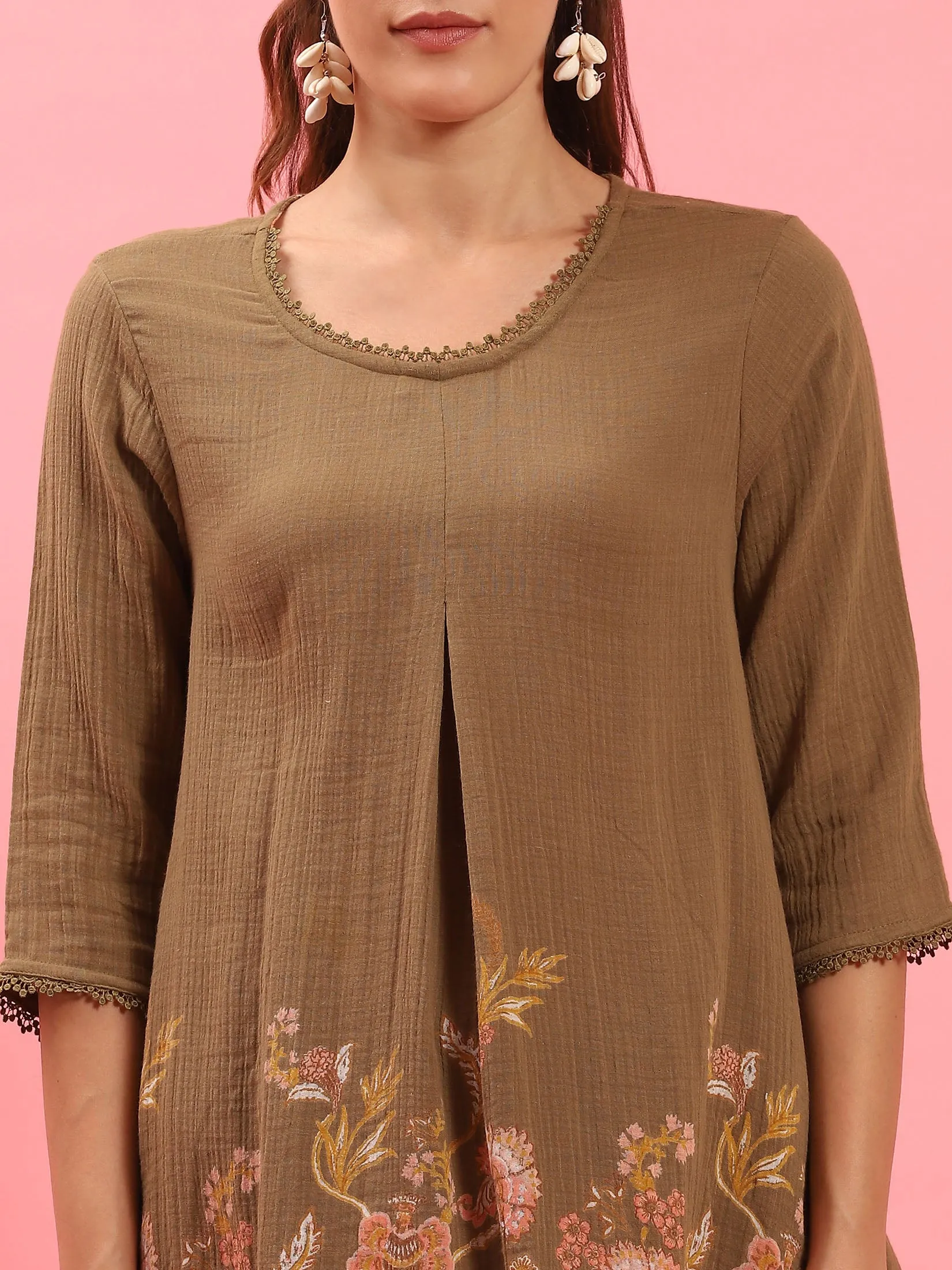 Women Olive Floral Printed Tunic