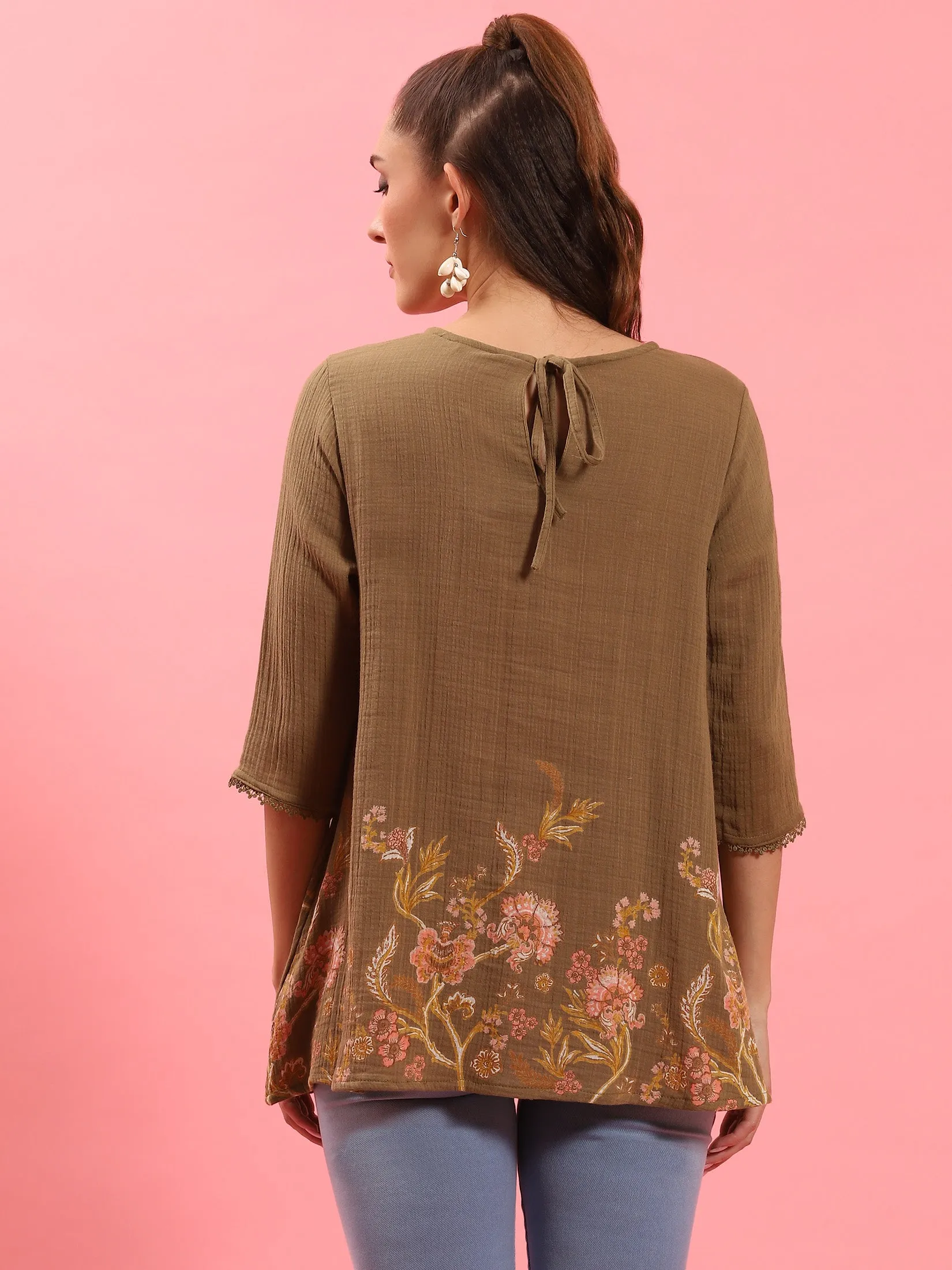 Women Olive Floral Printed Tunic