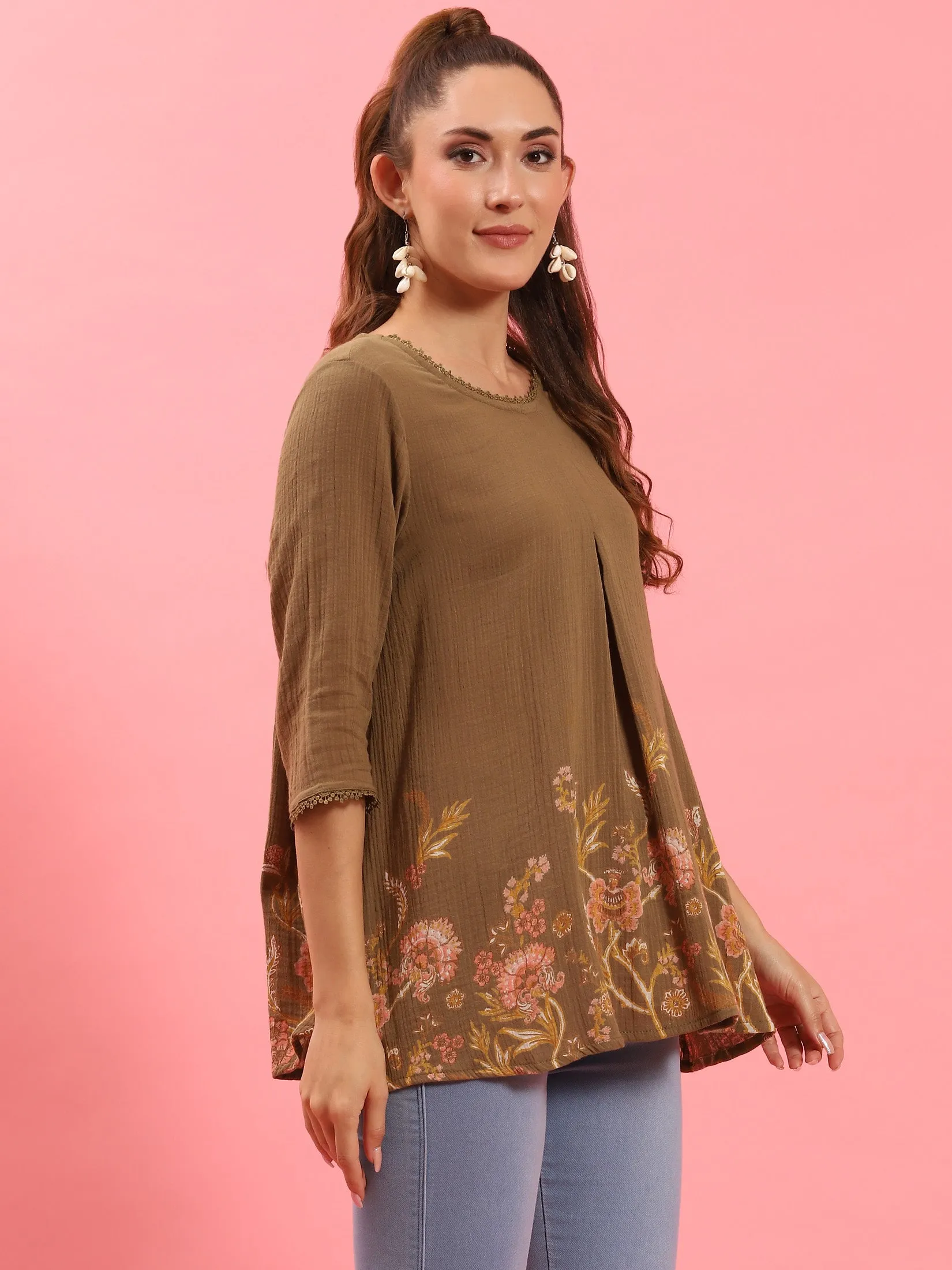 Women Olive Floral Printed Tunic