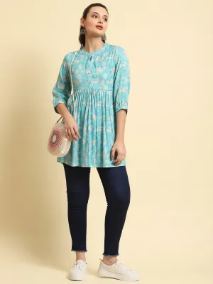 Women Sky Blue Floral Printed Tunic