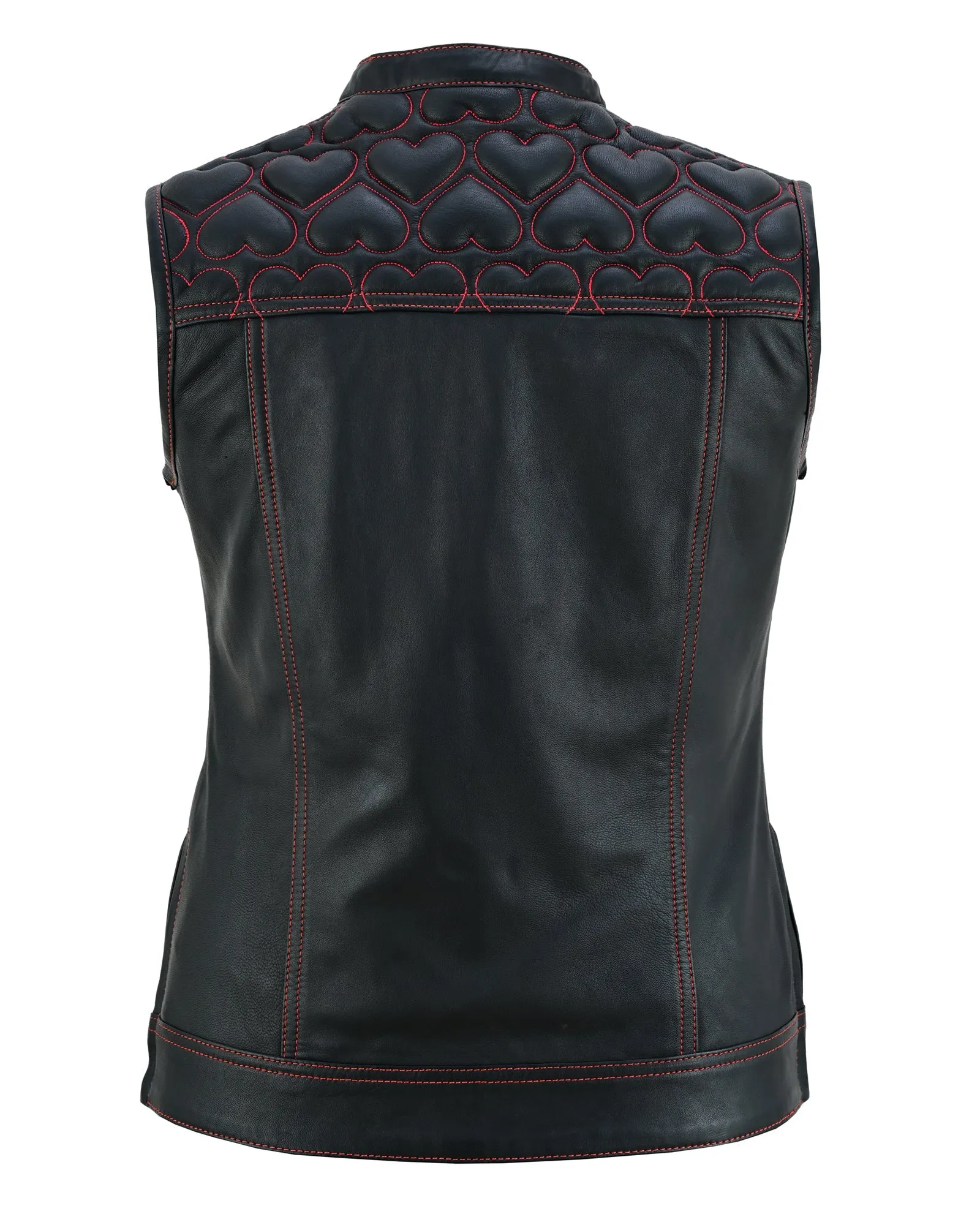 Womens Black Leather Biker Vest with Hearts and Red Stitching