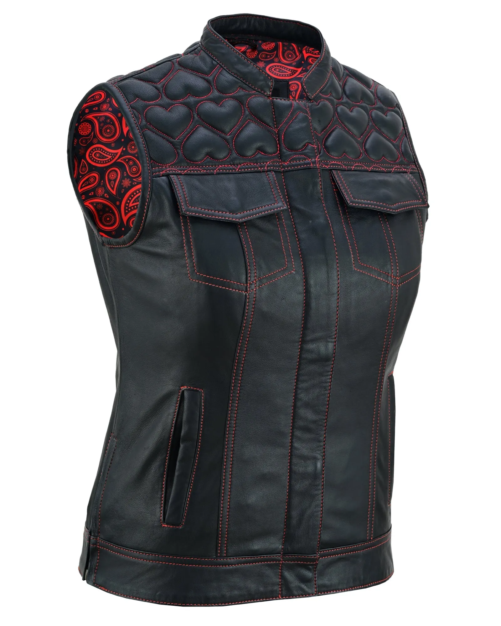 Womens Black Leather Biker Vest with Hearts and Red Stitching