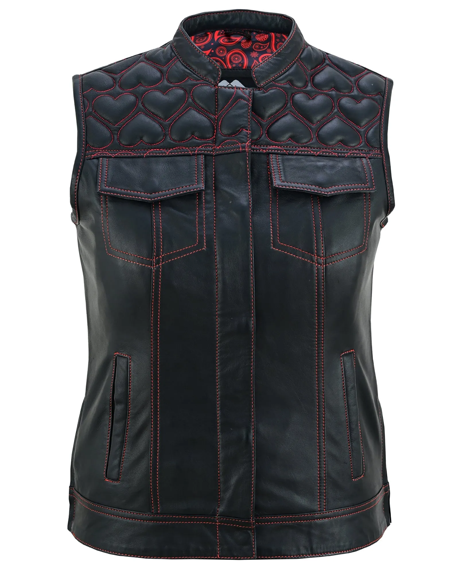 Womens Black Leather Biker Vest with Hearts and Red Stitching