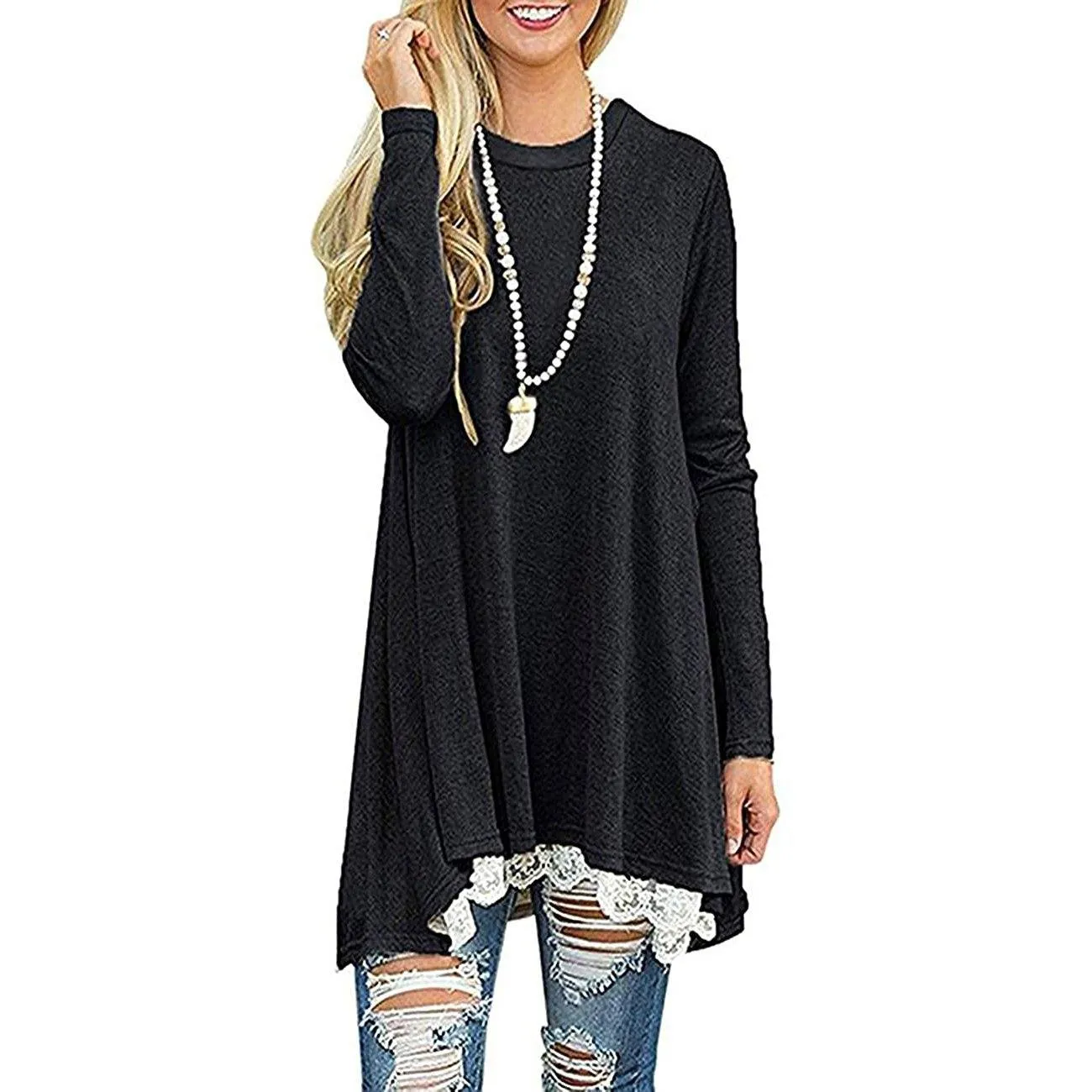 Women's Long Sleeve Lace Panel Top