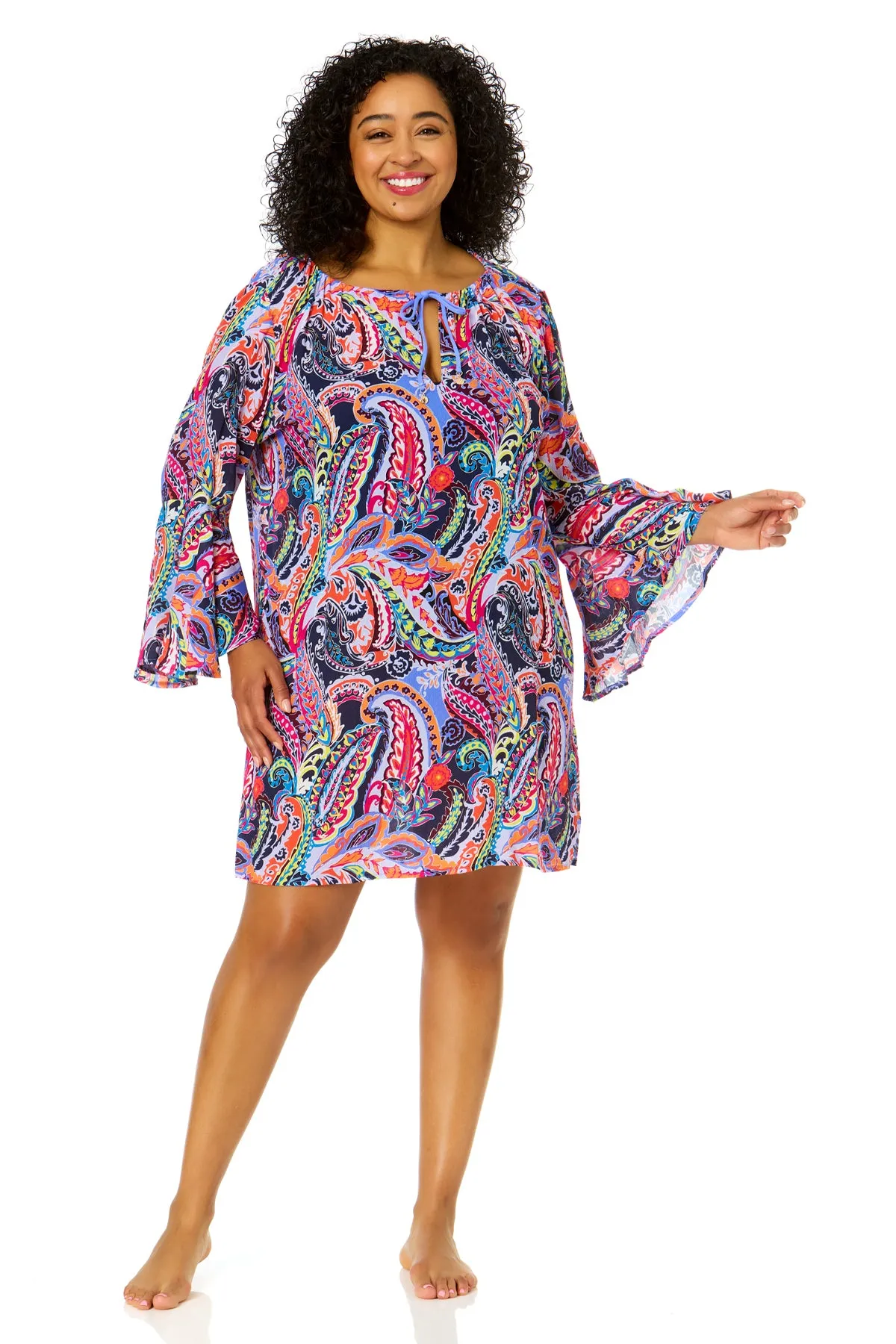 Women's Plus Size Paisley Parade Bell Sleeve Tunic Swimsuit Cover Up