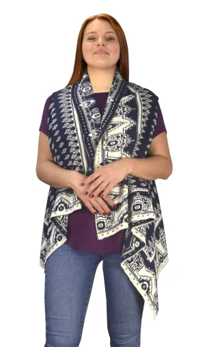 Women's Sleeveless Fair Isle Reversible Draped Open Front Cardigan Vest