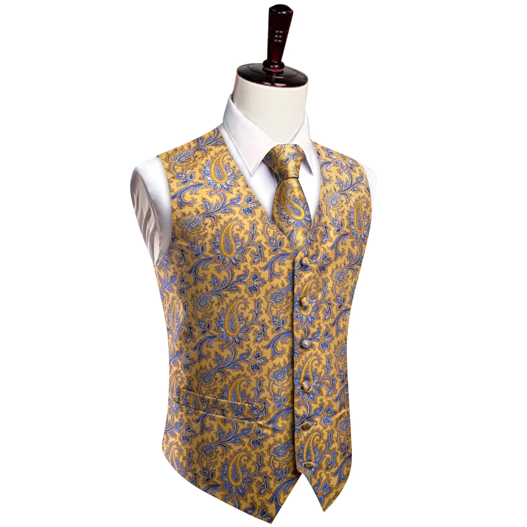 YourTies Light Yellow V-Neck Waistcoat Blue Paisley Vest Necktie Set