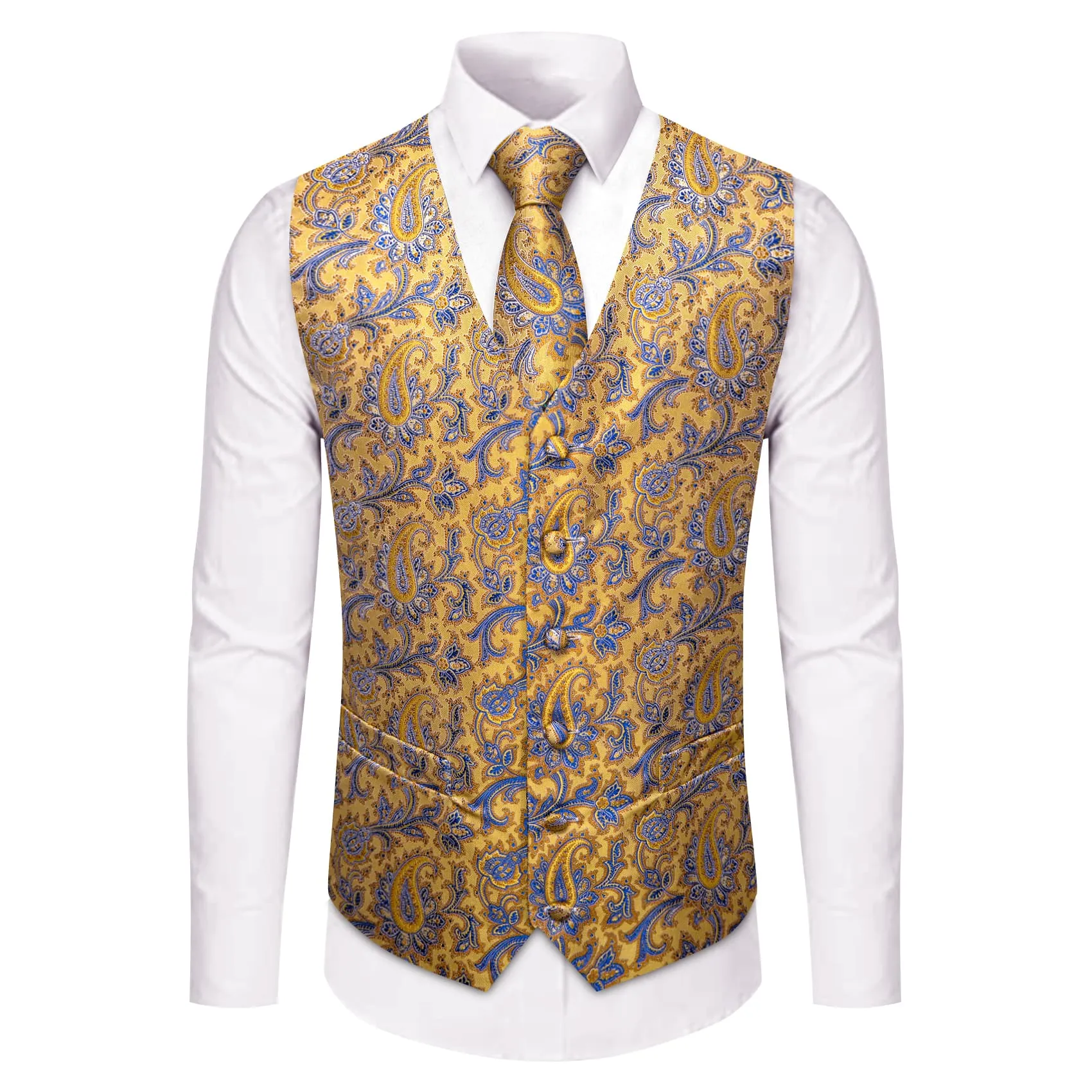 YourTies Light Yellow V-Neck Waistcoat Blue Paisley Vest Necktie Set